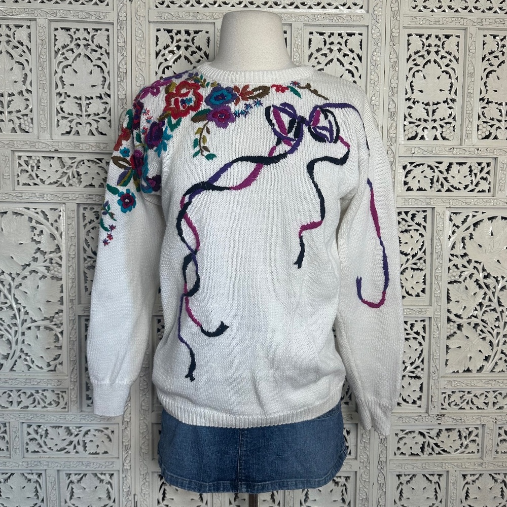 Vtg Cervelle Artsy Colorful Embroidered‎ Grannycore Sweater Sz Small